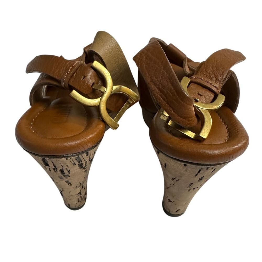 Chloe Brown Platform Sandals Leather Ankle Strap Cork Wedge - Picture 10 of 10